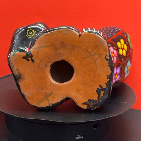 Vintage Talavera Hand Painted Mexican Folk Art Red Clay Ceramic Kitty Cat Bank - Picture 12 of 12